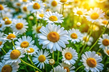 Fototapeta premium Serene Chamomile Flowers in Aerial View Over Lush Green Fields: Nature's Organic Beauty for Relaxation and Wellness Concepts