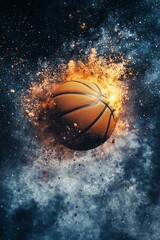 Basketball Exploding in Fiery Smoke and Dust