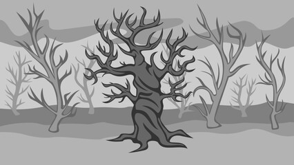 A dark, lifeless forest inhabited by a vampire or trees dying from poor ecology. The theme of nature protection, a scary location for a horror movie