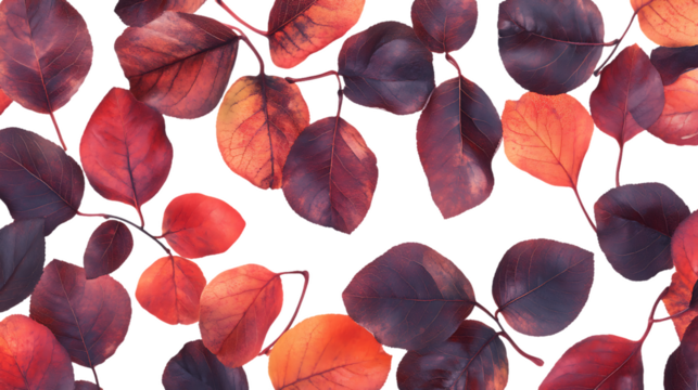 Leaves in shades of red, orange, and brown floating down on a white background, natural and serene autumn scene
