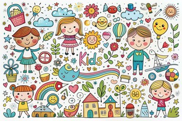 Adorable Hand-Drawn Doodle Set for Kids: Fun and Creative Illustrations for Decoration on White Background, Featuring Cute Characters and Whimsical Designs for Playful Decor