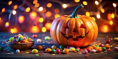 Adorable Halloween Pumpkin with a Glowing Face Surrounded by Colorful Candy - Perfect for Capturing the Spirit of Halloween in a Playful and Whimsical Way