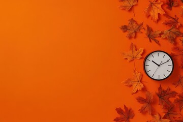 Wall Clock on Orange Background with Autumn Leaves Decor
