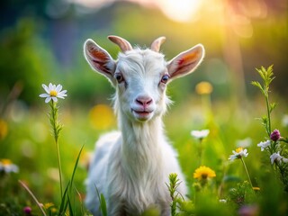 Obraz premium Adorable Little Goat Grazing in a Natural Meadow Setting with Green Grass and Soft Background Perfect for Animal Lovers and Nature Enthusiasts