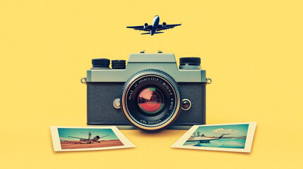 Fototapeta premium The camera and photos, as well as the airplane model, are placed on the table with a yellow background
