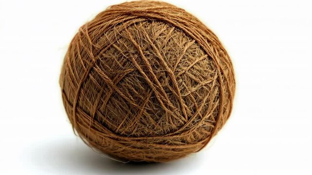 A ball of brown coconut fiber twine sits on a white surface