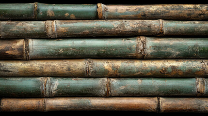 Close-up of bamboo stalks arranged vertically with textured overlapping lines in shades of green and brown.