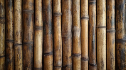 Fototapeta premium Close-up of bamboo stalks arranged vertically with textured overlapping lines in shades of green and brown.