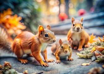 Adorable Squirrel Family Playing in a Miniature Forest Scene with Tilt-Shift Perspective, Capturing the Charm of Sciuridae in a Vibrant, Dreamy Landscape