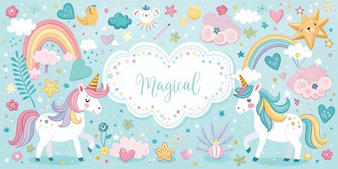 Adorable Unicorn Card Template Vector Illustration Featuring Playful Designs, Colorful Elements, and Whimsical Backgrounds Perfect for Greeting Cards and Invitations