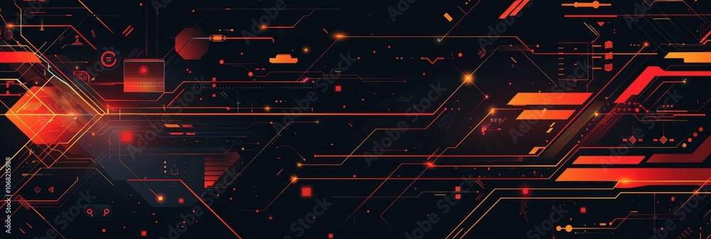 Poster A flat vector background with simple shapes and lines in dark colors, featuring orange and red geometric patterns on the right side of an empty space for text or design elements