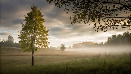 Naklejka premium Beautiful landscape with tree dramatic sky fog and beautiful morning
