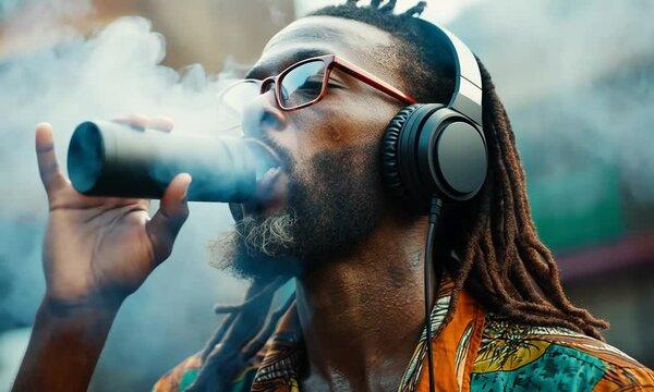 Man with dreadlocks wearing headphones and smoking in a tropical setting