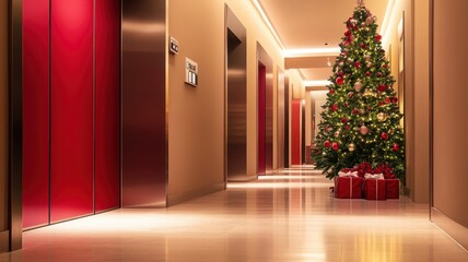 Modern Elevator doors of office or hotel hallway,holiday season decor with christmas tree,Lobby interior, corridor in house with lift,Black elegant lift for passenger or cargo elevators,copy space.