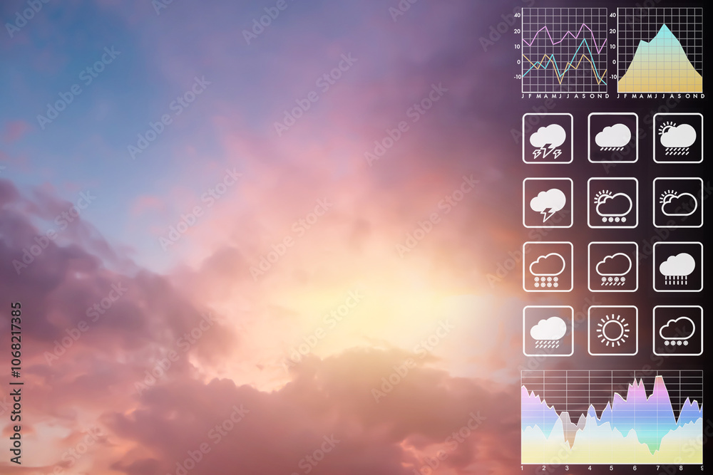 Wall mural weather forecast symbol data presentation with graph and chart on dramatic atmosphere panorama view 