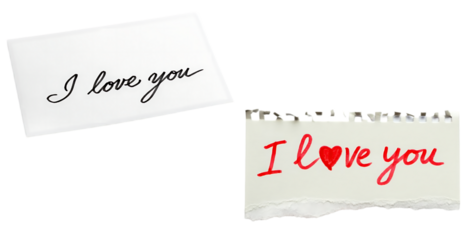 Romantic Love Notes with Handwritten Messages and Heart Symbol isolated on white background