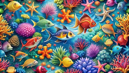 Aerial Photography of a Seamless Pattern Featuring Colorful Sea Creatures in Vibrant Ocean Colors, Perfect for Textiles, Wallpaper, and Home Decor Projects