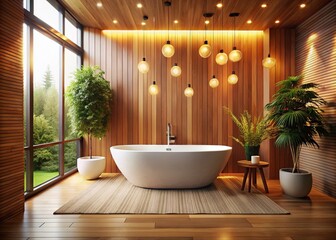 Elegant Modern Bathroom Featuring an Ellipse Bathtub Surrounded by Wood Lining Walls in a Minimalist Aesthetic with a Stunning Bokeh Effect for a Serene Atmosphere