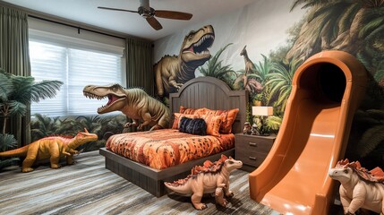 A dinosaur themed bedroom with a slide, a bed, a ceiling fan, a window, and a dinosaur mural.