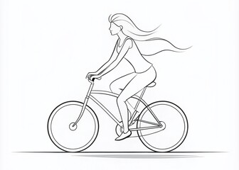 Fototapeta premium Aerial View of Abstract Minimalist Line Drawing of a Woman Riding a Bicycle in Black Sketch on White Background - Modern Sport Illustration for Trendy Designs