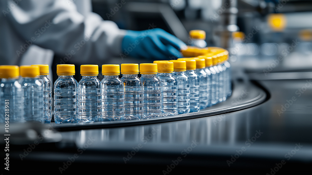 Aufkleber dynamic capture of plastic bottle recycling operation, showcasing bottles with yellow caps on convey