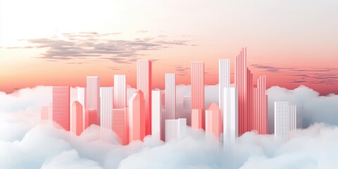 Fototapeta premium A dreamy cityscape emerges through fluffy clouds, with pastel hues illuminating tall buildings in a serene, ethereal atmosphere.