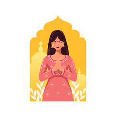 Flat vector of Indian woman namaste hands. Diwali illustration isolated in white.