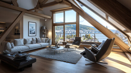 a luxury attic apartment with an open-plan living area, sophisticated decor, and stylish accents in a neutral color palette