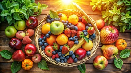 Aerial View of a Fresh Fruit Basket Surrounded by Lush Greenery Celebrating Nature's Bounty in a Beautiful Outdoor Setting Perfect for Farmers&rsquo; Markets and Healthy Living Promotions