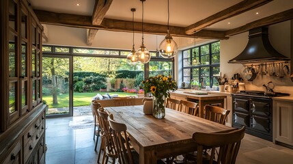 Fototapeta premium An open kitchen and dining area with a large wooden table and hanging pendant lights, set against a backdrop of natural stone and soft greenery. 