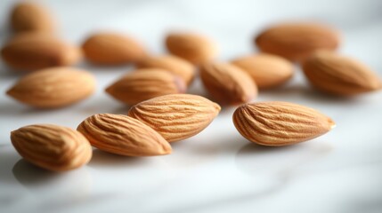 Obraz premium Fresh almonds on white marble surface - culinary and nutricious concept
