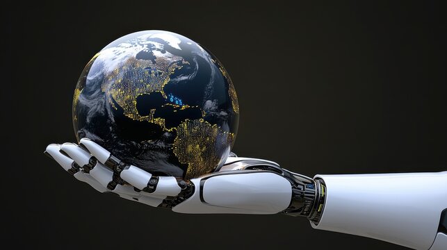 Robotic hand holds earth a symbol of technology and sustainability in a changing world