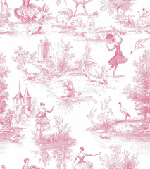 Pink and white toile de Jouy wallpaper with ballerinas, swans, and garden scenes,