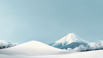 serene winter landscape with snow covered mountain and frosty trees under clear blue sky. peaceful scene captures beauty of nature in minimalist style