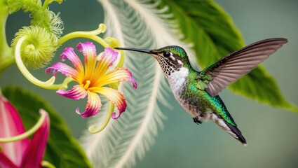 Fototapeta premium Close-up of a hummingbird hovering near a flower, botanical details in background.