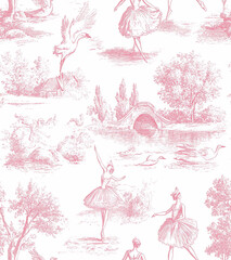 Pink and white toile de Jouy wallpaper with ballerinas, swans, and garden scenes,