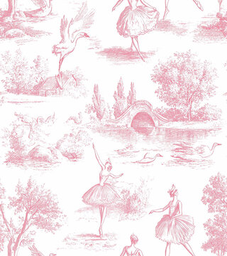 Pink and white toile de Jouy wallpaper with ballerinas, swans, and garden scenes,