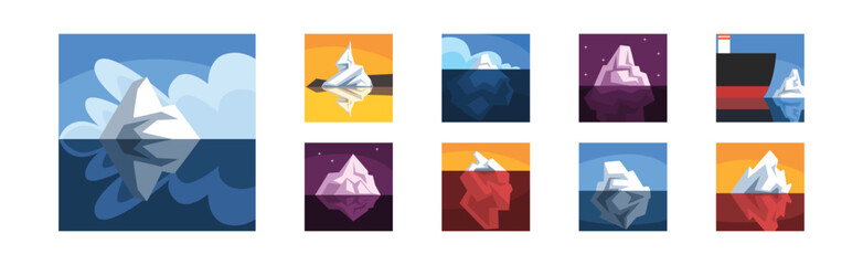 Iceberg Rock Solid Peak Top in Water Surface Vector Set