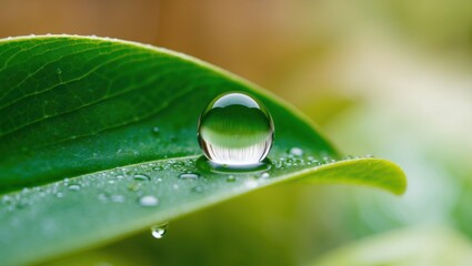 Natural macro shot of a water droplet on a green leaf, in sharp focus with soft blurred background.
