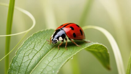 Fototapeta premium Macro shot of a colorful ladybug on a leaf, soft grassy background fading away.