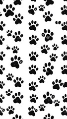 Repetitive black doodle paw prints on a seamless background, trace