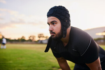 Man, rugby player and ready for outdoor, game or competition with exercise or fitness. Male person, athlete and recreation facility in scrum cap for match, sport and training in stadium for wellness