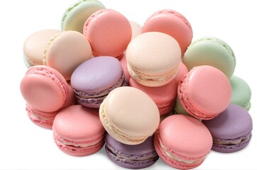 Brightly Colored French Macarons in Pastel Shades Arranged on White Background