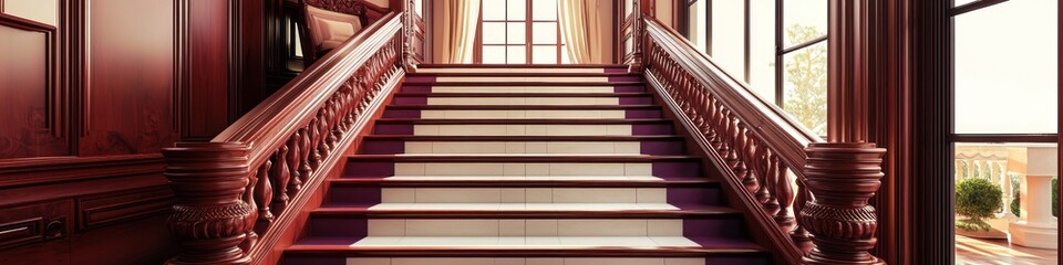 Mahogany stepped classic stairway with plum and snow white tiles to a villa.