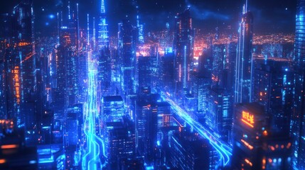 Obraz premium Futuristic cityscape at night with glowing lights and roads.
