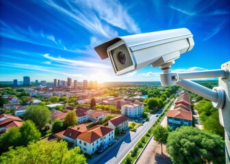 Aerial View of a Security Camera Mounted Against a Background of Clear Blue Sky, Emphasizing Surveillance Technology and Outdoor Safety Measures for Urban Environments
