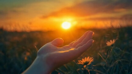 Fototapeta premium Hand holding sun in vibrant sunrise or sunset, evoking awe, with blurred background - powerful nature concept.