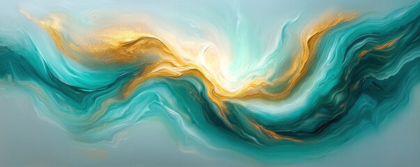 Obraz premium Abstract Teal Gold Fluid Art Painting Swirling Waves Texture Background