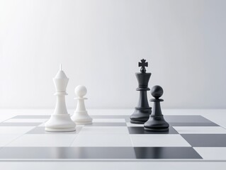 Minimalistic setup of a chessboard with white and black chess pieces, ready for a strategic game.