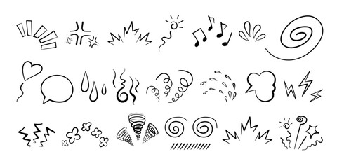 Manga or anime comic emoticon element graphic effects hand drawn doodle vector illustration set isolated on white background. Cartoon style manga doodle line expression scribble anime mark collection.